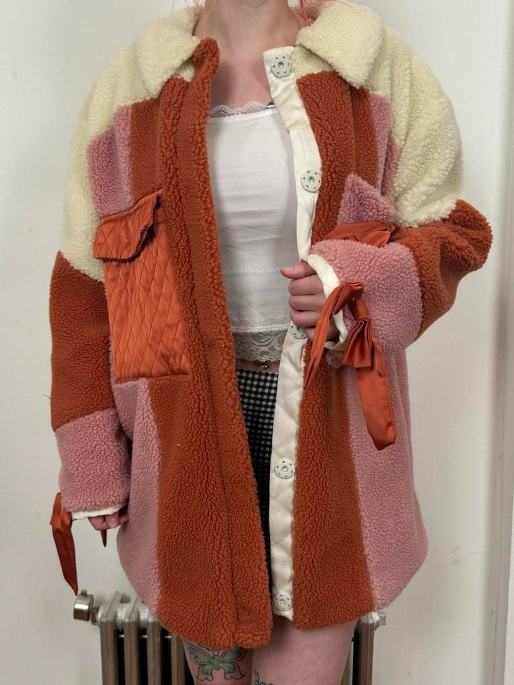 For Love And Lemons Rust, Pink & Cream Colorblock Teddy Coat